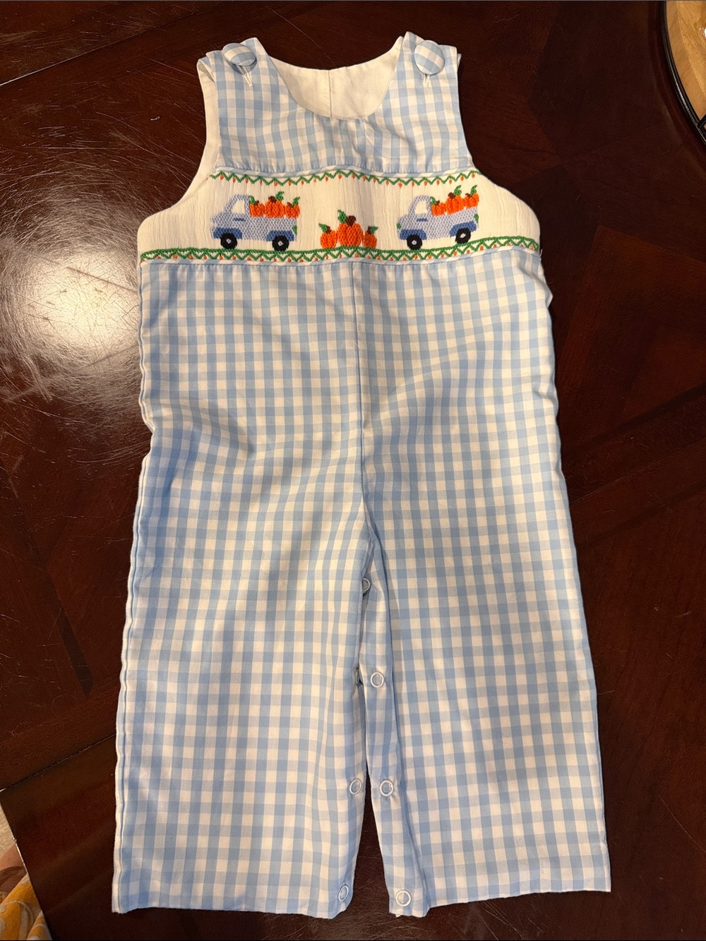 Delaney Boys Fall Romper Light Blue Gingham Pumpkin Truck Kids Overall 9mo